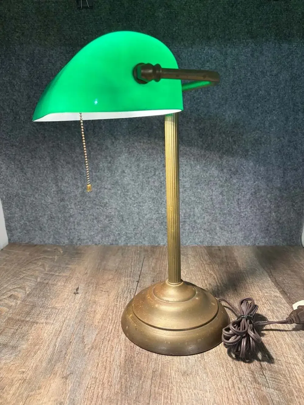 Vintage Bankers Desk Lamp with Emerald Green Glass Shade Brass Base & Pull Chain